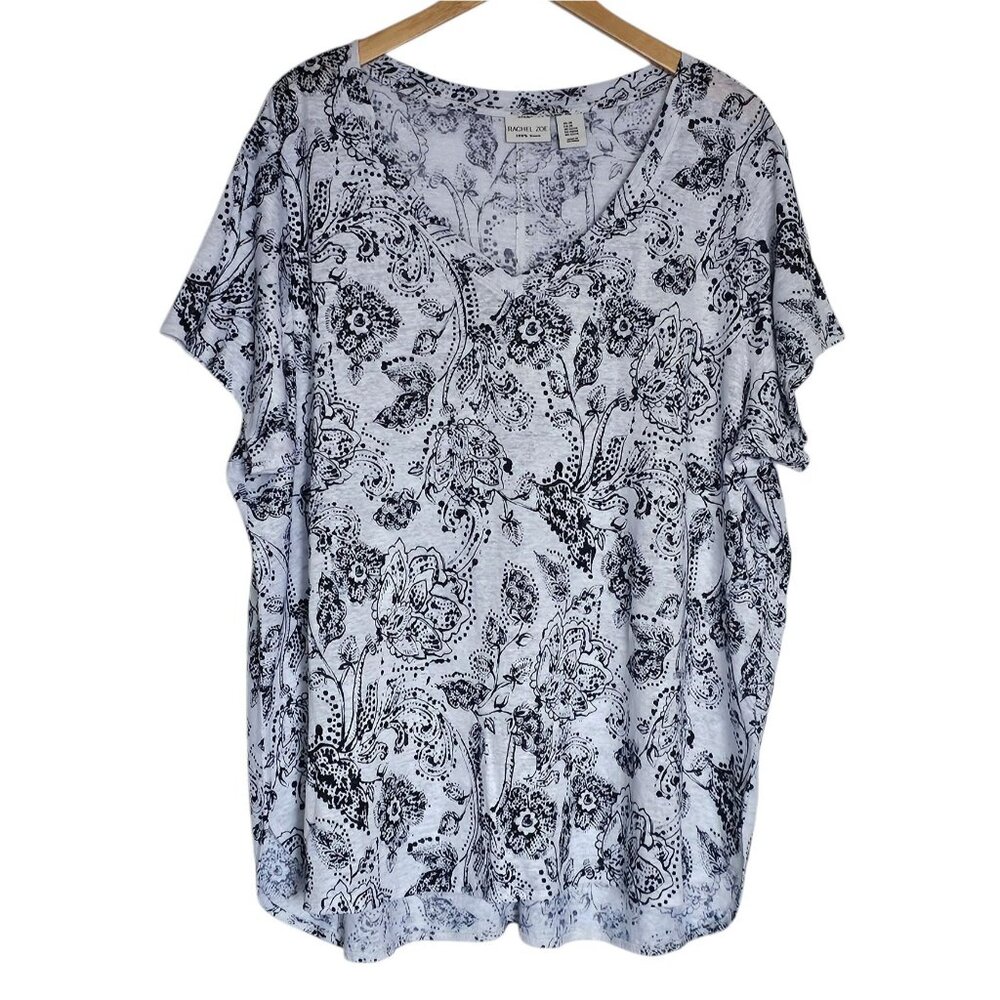 Rachel Zoe 100% Linen Top Size 2X Floral White Black Short Sleeve Lightweight‎
